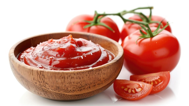 Ketchup sabroso en un tazón de madera y tomates frescos aislados en un primer plano blanco