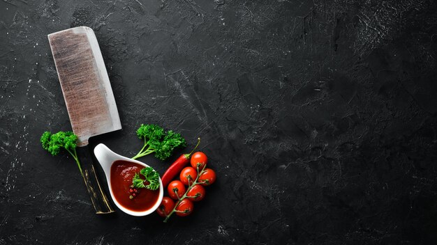 Ketchup-Sauce Tomaten Gewürze und Kräuter Ansicht von oben Freier Platz für Ihren Text