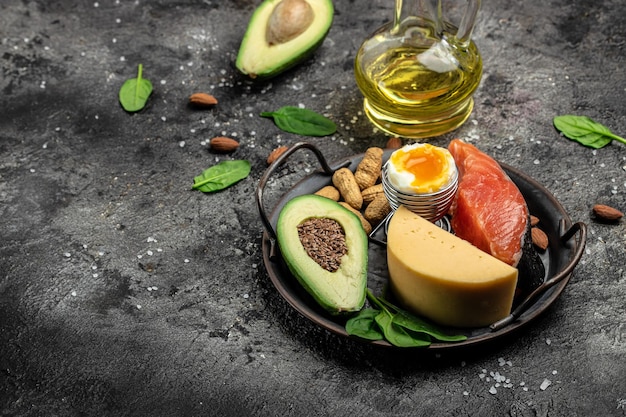 Keto-Diät-Lebensmittel Lachs Avocado-Käse Ei Spinat und Nüsse Ketogene Low-Carb-Diät-Konzept Zutaten für die Auswahl gesunder Lebensmittel Platz für die Text-Draufsicht