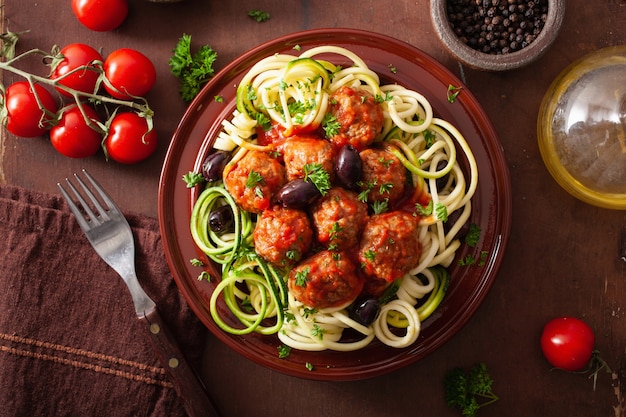 Keto Paläo Zoodles Zucchini Nudeln mit Fleischbällchen und Oliven