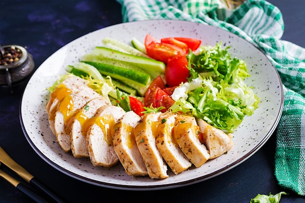 Ketogenes Ketofutter. Gebratenes Hähnchenfilet und frischer Gemüsesalat aus Tomaten, Gurken und Salat. Hühnerfleisch mit Salat. Gesundes Essen.