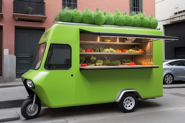 Foto ketonruedas food truck verde água vivo com cocina moderna e biohuerto em el techo