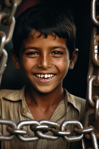 Ketten brechender Kinderarbeiter lächelt, während er Ketten hält