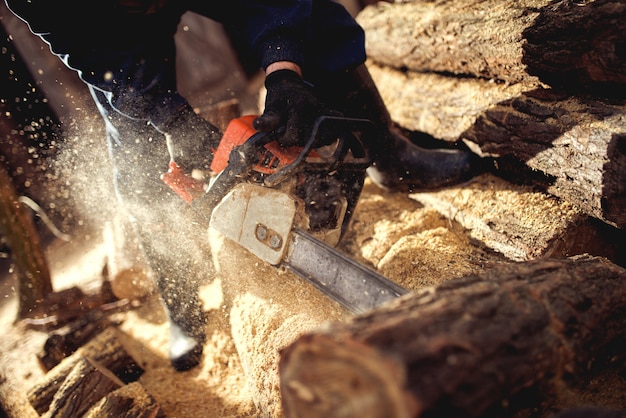 Kettensäge in Aktion Holz schneiden. Mann, der Holz mit Säge, Staub und Bewegungen schneidet.