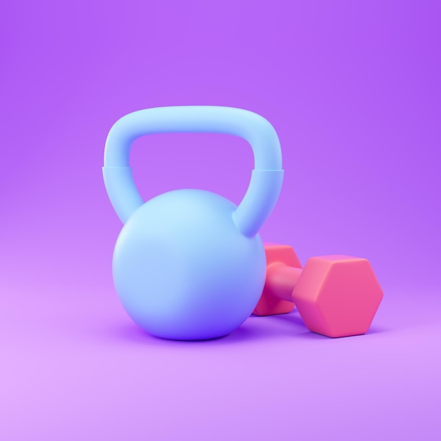 Kettlebell azul y mancuerna roja sobre fondo violeta. representación 3d