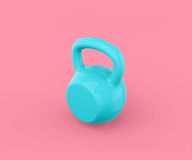 Kettlebell azul sobre un fondo rosa Representación 3d de objeto de diseño minimalista