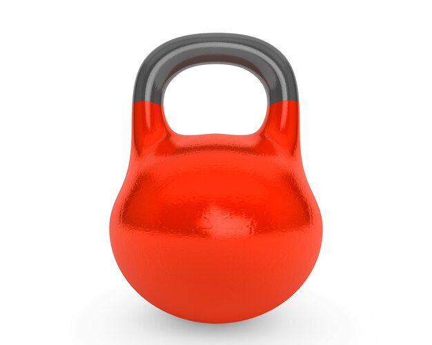 Kettlebell de hierro rojo para levantamiento de pesas y fitness sobre un fondo blanco.