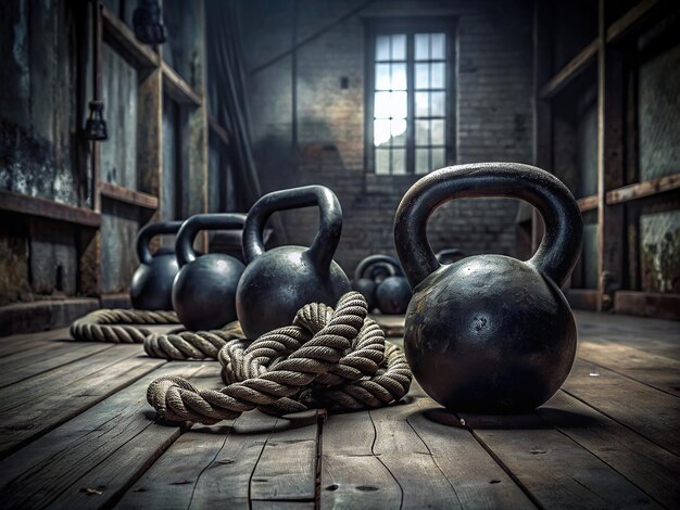 kettlebells y cuerdas establecidas en un gimnasio vacío por fred peralta para stocksy united