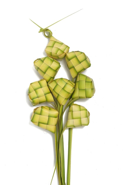 Ketupat Bolsas de palma tejida aislada sobre un fondo blanco