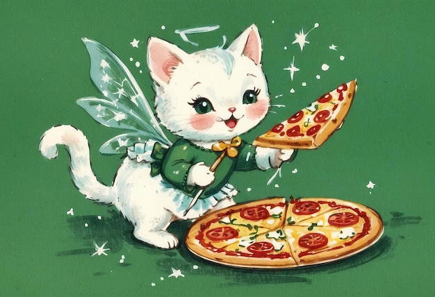 Kewpie retro Cartoon weiße Katze als Feen gekleidet, die Pizza isst