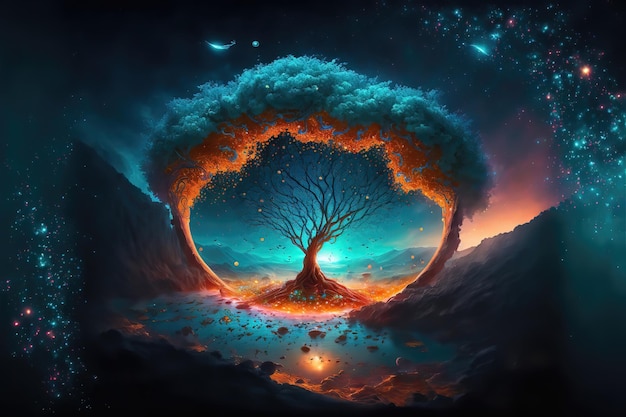 Key Visual eines farbenfrohen Lebensbaums vor einer Galaxie, einem Universum, Kristallen und Nebeln, einer Supernova,