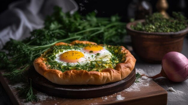 Khachapuri mit Ei und grünem Dill