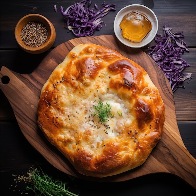 Khachapuri redondo sobre una tabla de madera en el fondo