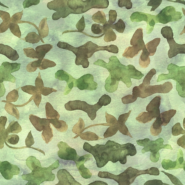 Khaki Mode floral Camouflage abstrakten Hintergrund. Nahtloses Waldmuster mit abstrakten bunten Flecken, Blumen und Schmetterlingen. Khaki, Braun, Beige und Grün.