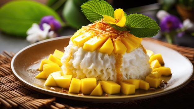 Khao Niew Mamuang o arroz pegajoso de mango tailandés con crema de coco IA generativa