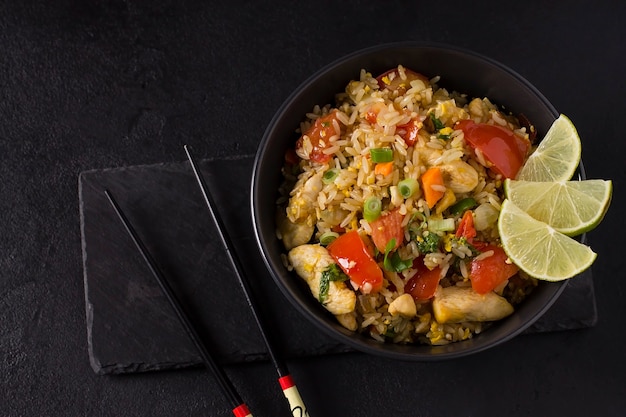 Foto khao pad, arroz frito con verduras, carne y huevos, con pepinos frescos, tomates, con palillos.