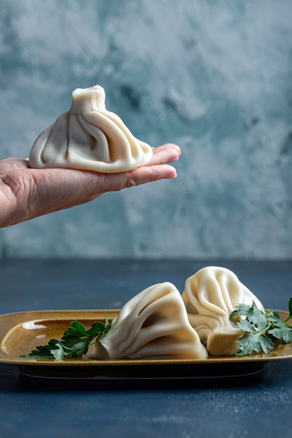 Khinkali, bolinhos da Geórgia, cozinha tradicional da Geórgia. Khinkali em uma vista lateral do prato.