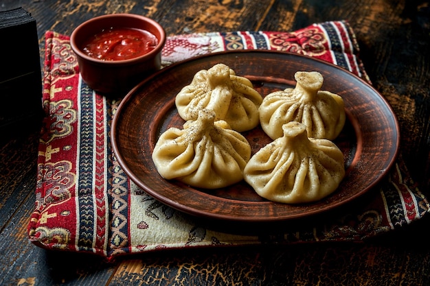 Khinkali mit Fleischfüllung im Teller Georgische Knödel in einer Komposition mit Soße und Gemüse