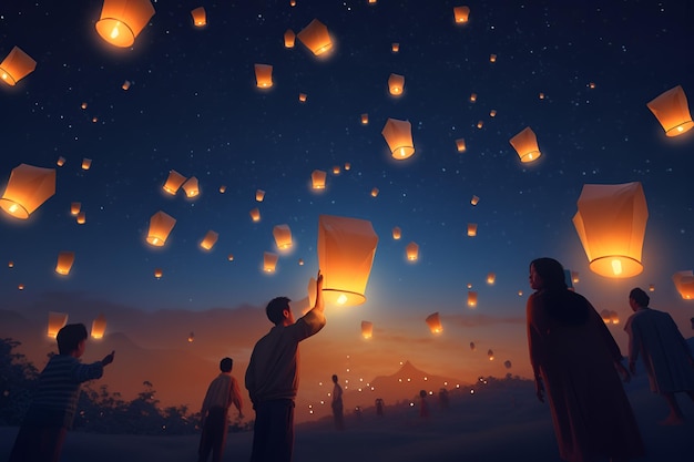 Khom Loy e Khom Fai Sky Lanterns Cerimônia de Iluminação de Lanternas