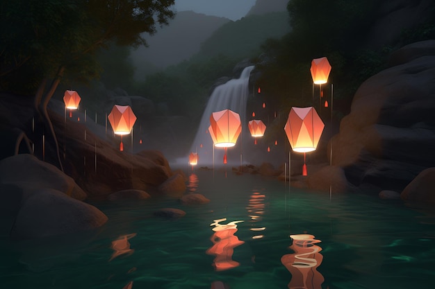 Khom Loy e Khom Fai Sky Lanterns Cerimônia de Iluminação de Lanternas