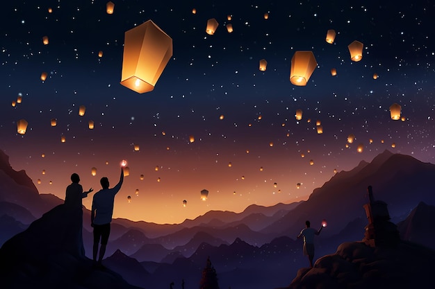 Khom Loy y Khom Fai Sky Lanterns Ceremonia de encendido de faroles