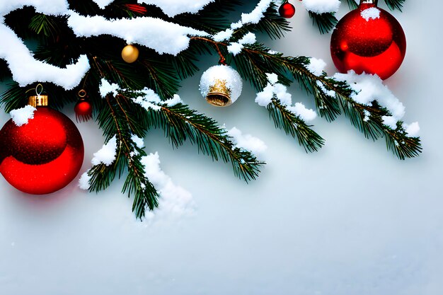 KI-Bild einer weihnachtlichen Komposition aus Weihnachtsbaumzweigen, Winterschnee und Dekorationskugeln