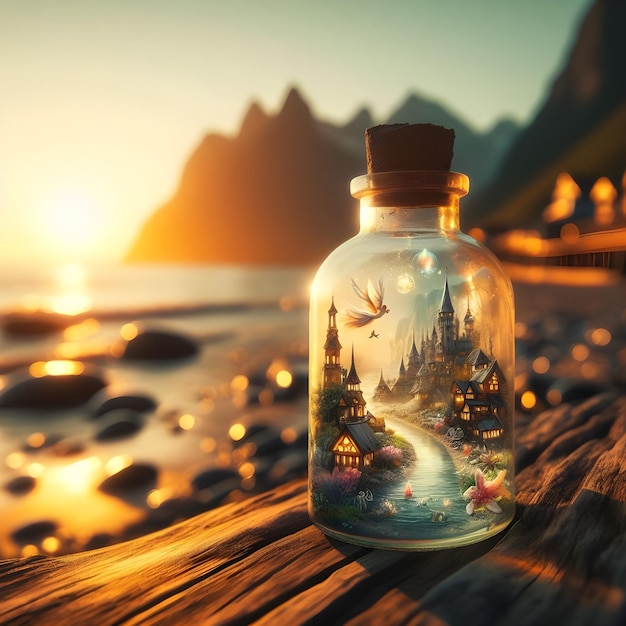 KI-Bild einer wunderbaren Welt, die in einer Flasche enthalten ist, die entlang der Ufer treibt