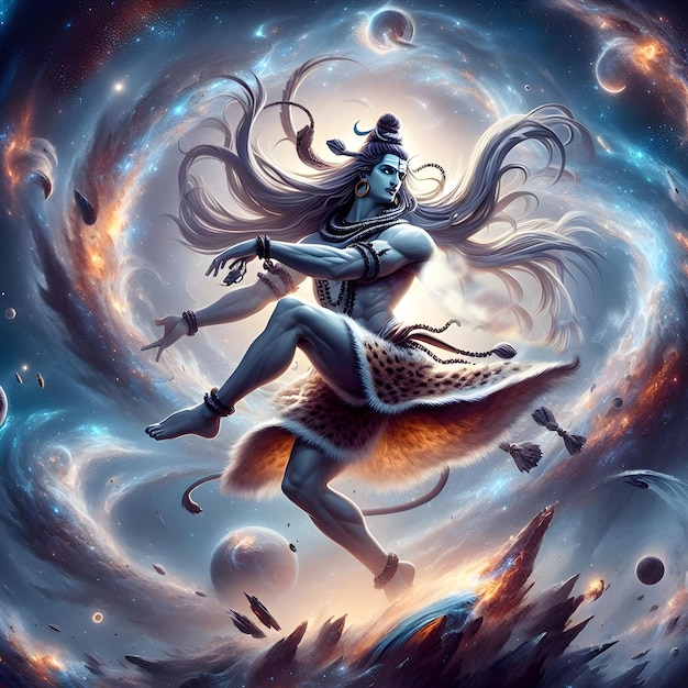 KI-Bild von Lord Shiva in einer dynamischen Tanzposition, umgeben von wirbelnden Galaxien und Sternen