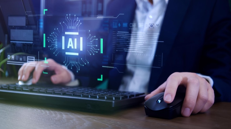 Foto ki-chat-technologie geschäftsmann nutzt smartphone mit virtuellem bildschirm von ki-chatbot kommunizieren