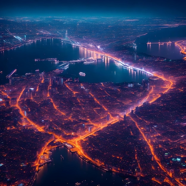 KI der bunten Nacht Stadt Wolkenkratzer Landschaft beleuchtet Umweltlicht