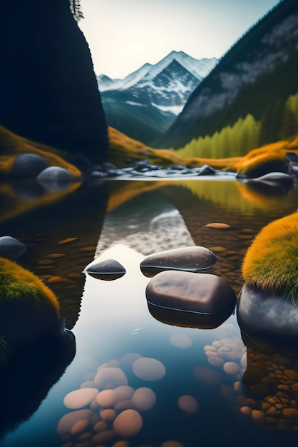 KI der langsamen Belichtungsfotografie von Wasser, das aus dem bergigen Fluss herunterfließt