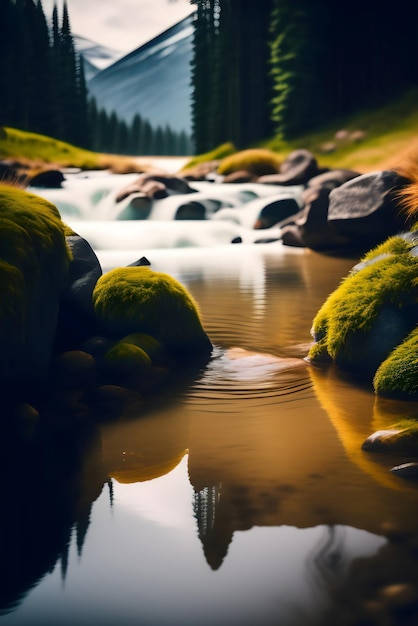 KI der langsamen Belichtungsfotografie von Wasser, das aus dem bergigen Fluss herunterfließt
