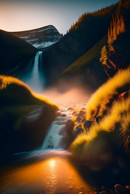 KI der langsamen Belichtungsfotografie von Wasser, das aus dem bergigen Fluss herunterfließt