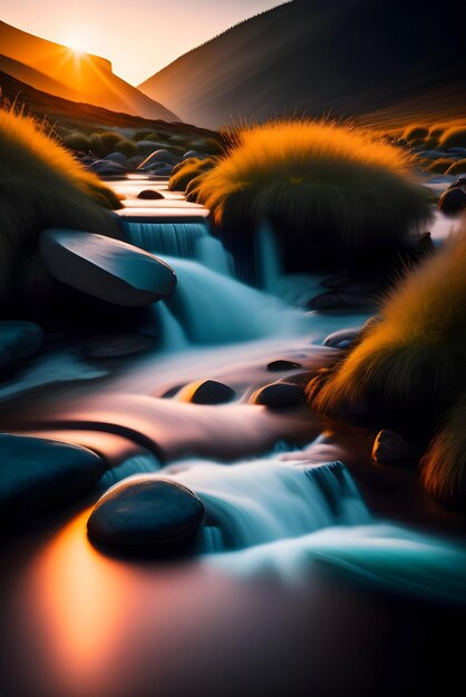 KI der langsamen Belichtungsfotografie von Wasser, das aus dem bergigen Fluss herunterfließt