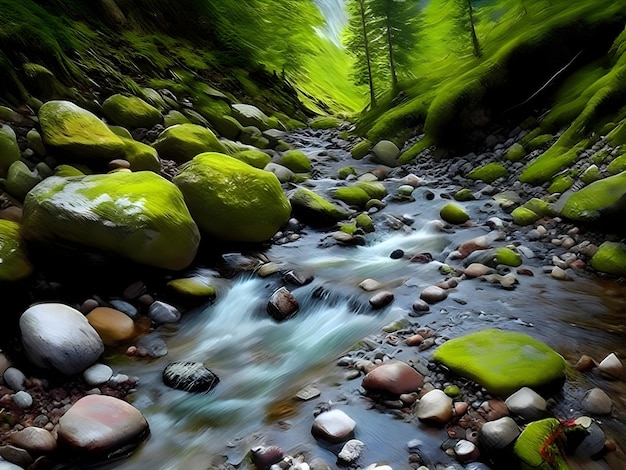 KI der langsamen Belichtungsfotografie von Wasser, das aus dem bergigen Fluss herunterfließt