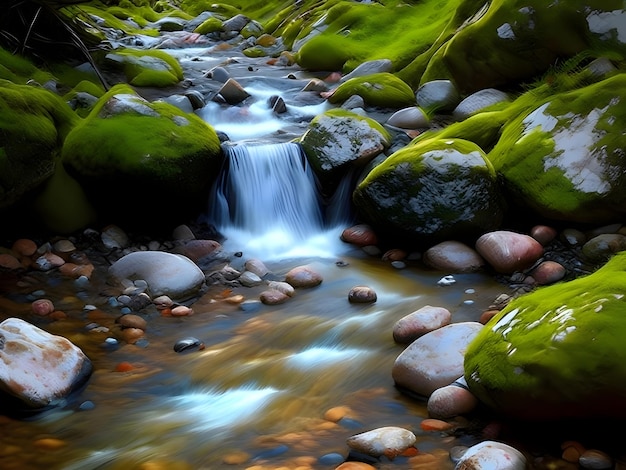 KI der langsamen Belichtungsfotografie von Wasser, das aus dem bergigen Fluss herunterfließt