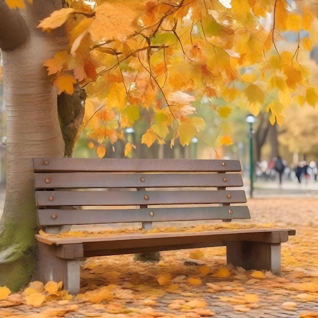 KI der Nahaufnahme der Holzbank neben einem riesigen Herbstbaum mit fallenden Blättern