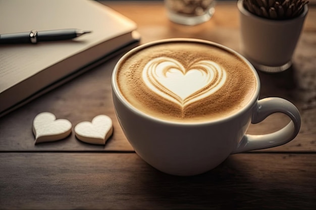 KI erzeugt aus heißem Art Latte-Kaffee in einer Tasse auf einem Holztisch und einem unscharfen Hintergrund im Coffeeshop