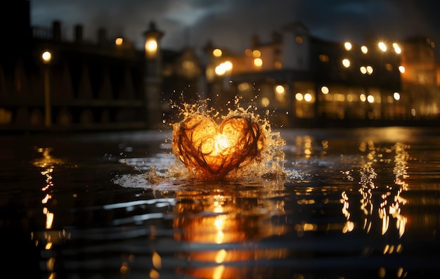 KI erzeugte eine Nachtszene eines brennenden Herzens im Meer mit einem Dorf im Hintergrund