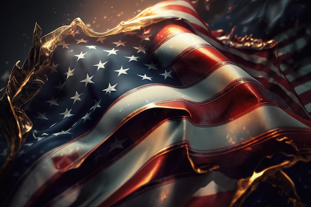 KI erzeugte eine Nahaufnahme von dunkler amerikanischer Flagge im Grunge-Stil, die am Unabhängigkeitstag der USA Wind weht