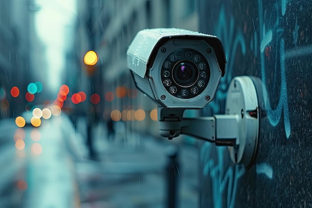 KI erzeugte eine Straßenüberwachungskamera an einem regnerischen Tag mit den Stadtlichtern im Hintergrund