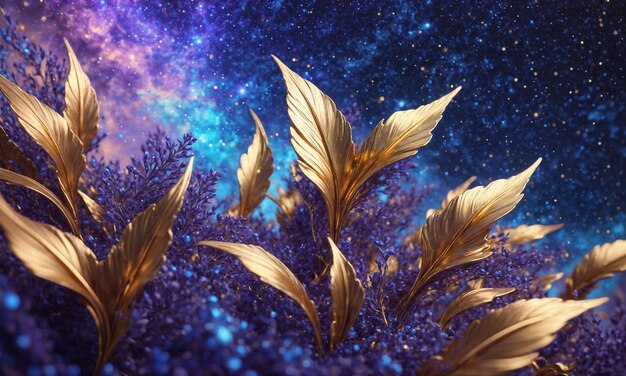 Foto ki erzeugte goldene blätter und lila blüten gegen einen sternenreichen nachthimmel