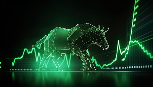 KI erzeugte Illustration des leuchtenden Neonbullen der Bullenbörse