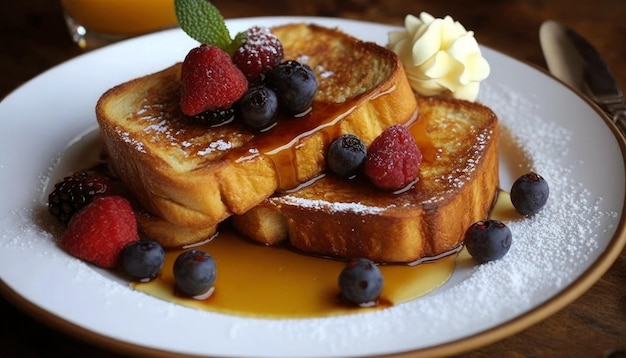 KI erzeugte leckere Toasts zum Frühstück im Restaurant mit verschiedenen Aufstrichen, Butter und Früchten auf dem Teller