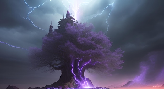 KI erzeugte lila Blitze, die auf einen großen Baum in einem Fantasie-Land schlugen