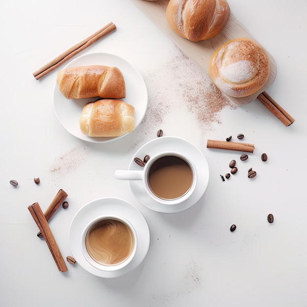 KI erzeugte Tassen Kaffee und Brötchen mit Zucker und Zimt