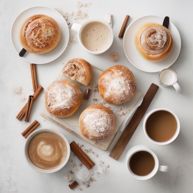 KI erzeugte Tassen Kaffee und Brötchen mit Zucker und Zimt