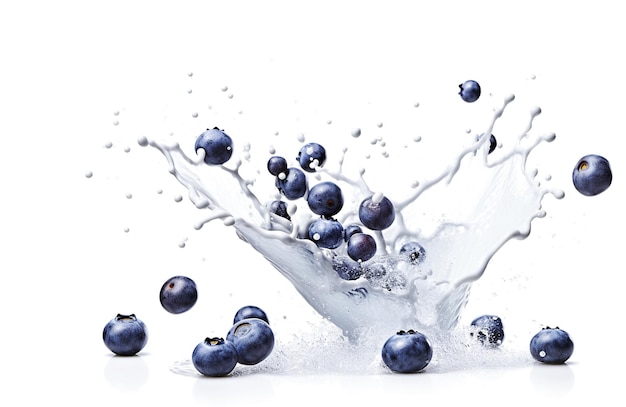 KI-generative frische Blaubeeren mit Milchspritzer