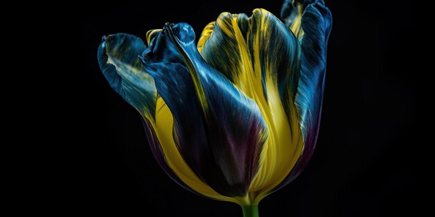 KI-generative KI-generierte blaue und gelbe Ästhetik, wunderschöne Tulpenblume in der Farbe der Ukraine. Romantische Liebesstimmung. Grafikkunst