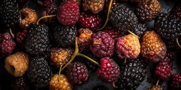 KI-generative KI-generierte Makroaufnahme von Nahaufnahmen von Beeren-Brombeeren. Grafikdesign-Hintergrund. Grafikkunst